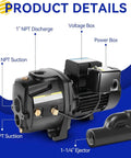 Heavy Duty Cast Iron Shallow and Deep Well Jet Pump with Ejector Kit, Convertible for 25 or 90 Feet Wells, labeled components