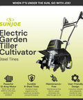 Corded Electric Garden Tiller And Cultivator With Steel Tines, 16 Inch Width, 12 Amp Motor on display with branding