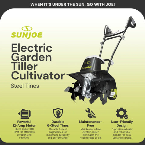 Corded Electric Garden Tiller And Cultivator With Steel Tines, 16 Inch Width, 12 Amp Motor on display with branding