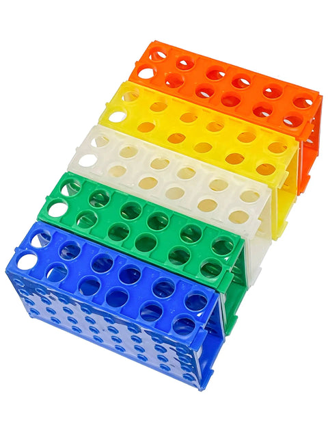 Four Way Plastic Test Tube Rack Set In Assorted Colors Blue Green White Orange Yellow Pack Of Five For 4 To 50 mL Tubes