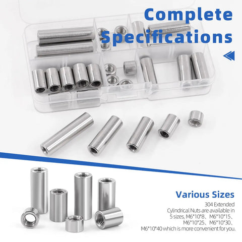 Top Shelf M8 Cylindrical Coupling Nuts 29 Piece Assorted Kit Built From Solid 304 Stainless Steel Metric Thread 8 Through 30mm in storage box.