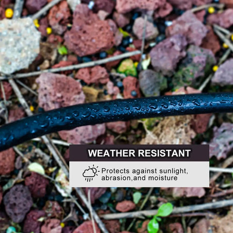 Seven-Outlet Outdoor Power Extension Cord, 50 Ft, 14-Gauge, IP44 Waterproof Cap on wet ground with weather resistance label