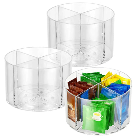 Round 3 Piece Turntable Organizer With 360 Degree Spin Clear Acrylic Lazy Susan for coffee pods, tea bags, and packets.