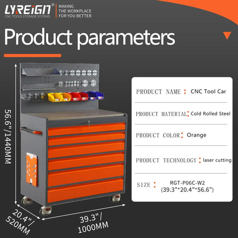 Heavy Duty Mobile Tool Cart Storage Organizer On Wheels For CNC Tools Drill Bits Screws And Small Parts Cabinets And Racks For Warehouses And Machining Centers, orange cold rolled steel, front view.