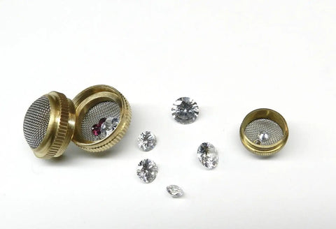 Built Tough Real Deal Ultrasonic Cleaner Baskets Set Of Two with jewelry and watch parts inside brass mesh baskets.