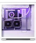 White PC case showcasing Vertical GPU Mounting Kit With 175mm PCIe4x16 Riser Cable, steel bracket, GPU vertically positioned.