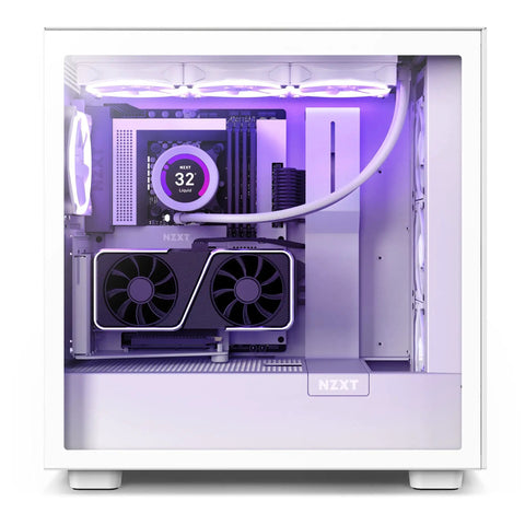 White PC case showcasing Vertical GPU Mounting Kit With 175mm PCIe4x16 Riser Cable, steel bracket, GPU vertically positioned.