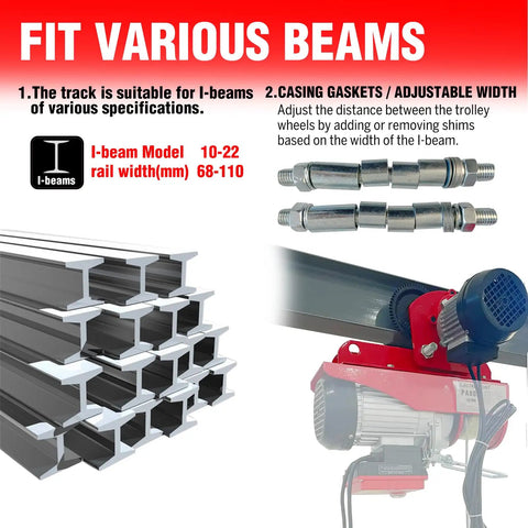 Heavy Duty Electric Trolley For Power Hoist 2200LBS Capacity Fits Two Point Six Eight Inch I Beam Push Geared Overhead Crane Wheel System For PA200 To PA1000 Hoists Great For Gantry Cranes And Warehouses illustration of adjustable width gaskets and I-beam compatibility.