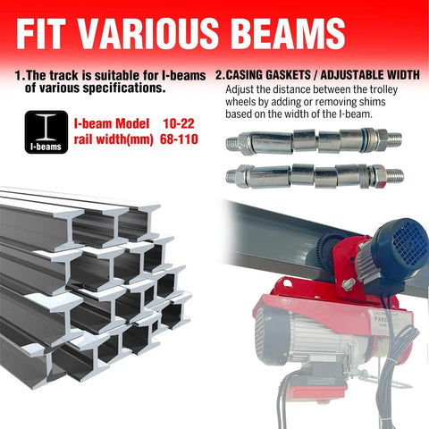 Power Hoist Trolley With Push Geared System For 2200Lbs Capacity On 2.68-4.33 In I Beam, adjustable width I-beam model display