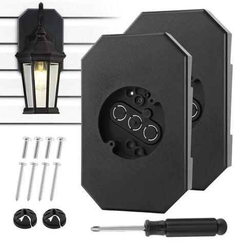 Two Pack Vinyl Siding Mounting Blocks For Half Inch Lap Siding With Built In Electrical Box And Vertical Lamp Mounting Plates For Outdoor Light Fixtures In Black Finish Durable Plastic Construction That Paints To Match Siding Color And Lasts Outdoors, with screws