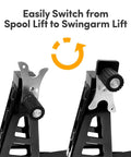 Close-up of Universal Front And Rear Motorcycle Stand Lift Combo In Black showing spool lift and swingarm lift attachments.
