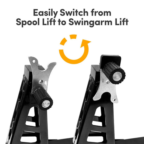 Close-up of Universal Front And Rear Motorcycle Stand Lift Combo In Black showing spool lift and swingarm lift attachments.