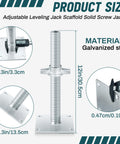 Heavy Duty Adjustable Leveling Jacks With Base Plate For Baker Scaffold System, galvanized steel, 12in size, detailed measurements.