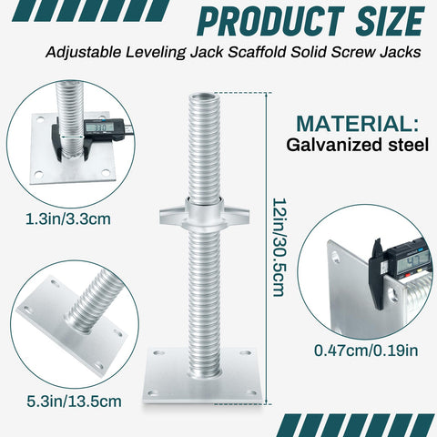 Heavy Duty Adjustable Leveling Jacks With Base Plate For Baker Scaffold System, galvanized steel, 12in size, detailed measurements.