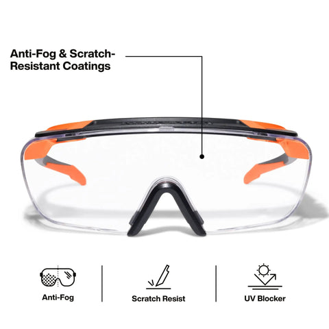 Professional Over The Glasses Safety Glasses With Clear Lens And Anti Fog Scratch Resistant Coating Ansi Z87 Plus Csa Z94 Certified front view highlighting anti-fog and scratch-resistant features.