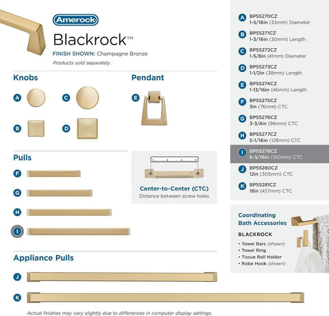 Blackrock Champagne Bronze Cabinet Pull With 6 5/16 Inch Hole Spacing and finish details on display.
