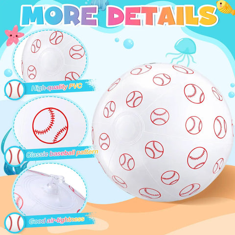 Image of a 12 Pack Inflatable Baseball Beach Balls, 16 Inch Large Bouncy Pool Balls For Adults, with baseball pattern details.