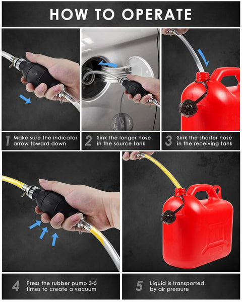 Gasoline siphon hose and hand fuel transfer pump with black rubber grip and two PVC hoses for transferring fuel