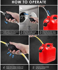 Gas Siphon Hose and Transfer Pump Kit operation, showing hand using rubber pump with PVC hoses and red fuel container.