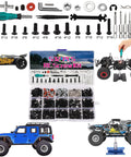 Pro RC Repair Stand Kit With 532 Piece Screw Set And 360 Degree Rotating Work Station For 1/8 1/10 1/12 1/16 1/18 RC Crawler Trucks And Buggy Tools With Magnetic Tray And Multi Size Hex Drivers And Durable Pallet Kit For Easy On The Go Maintenance shown with RC vehicles and tools.