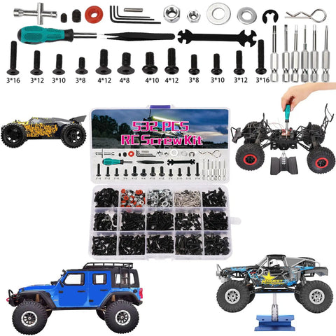 Pro RC Repair Stand Kit With 532 Piece Screw Set And 360 Degree Rotating Work Station For 1/8 1/10 1/12 1/16 1/18 RC Crawler Trucks And Buggy Tools With Magnetic Tray And Multi Size Hex Drivers And Durable Pallet Kit For Easy On The Go Maintenance shown with RC vehicles and tools.
