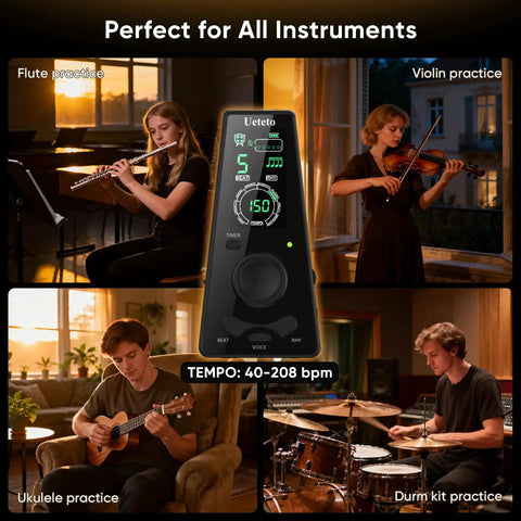Digital Metronome For Piano Guitar Drums With Clear LCD Screen And Flashing Light, 9 Rhythm Patterns, 10 Beat Modes, shown during instrument practice