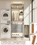 Freestanding 8Ft Closet System With Smooth Rolling Casters And Four Roomy Wood Drawers showcasing safety anti-tipping devices in a laundry room.