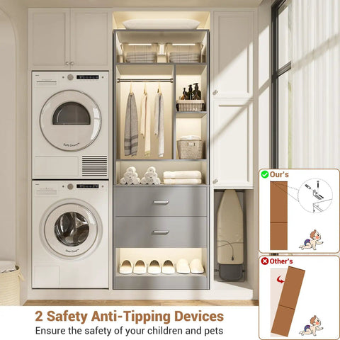 Freestanding 8Ft Closet System With Smooth Rolling Casters And Four Roomy Wood Drawers showcasing safety anti-tipping devices in a laundry room.