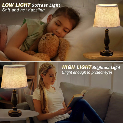 Cool Set Of 2 Table Lamps With USB Ports, Dimmable Touch Control, Linen Fabric Lampshades, Modern Compact Bedside Lamps For Bedroom And Living Room, Brushed Nickel Base, Bulbs Included, shown in low and high light settings.
