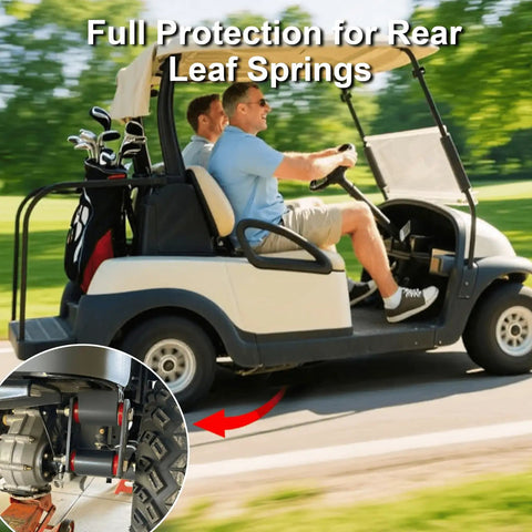 Rear Leaf Spring Bushing Kit For EZGO TXT Medalist 1994-Up And Club Car DS 1981-Up Golf Carts, Easy Install Direct Replacement For A Smoother Ride On Courses, Farms, Resorts, And Community Transportation. Golf cart rear suspension bushing kit installed on leaf springs