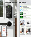 Level Up Your Home Security With This Slick WiFi Smart Deadbolt Lock featuring fingerprint access and app management on a door.