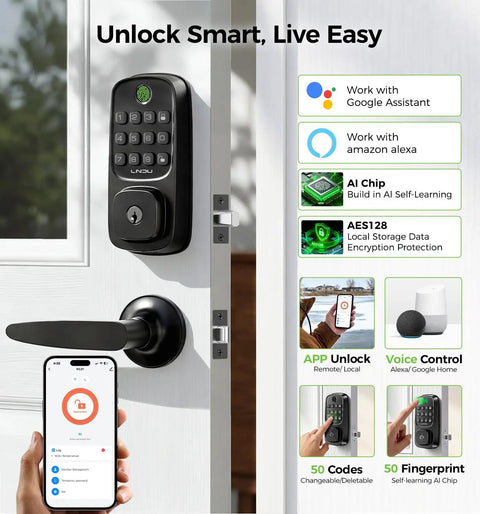 Slick WiFi Smart Door Lock For Front Door Keyless Entry Deadbolt With Handle Set Fingerprint Pin Code Alexa And Google Assistant App Control Voice Access on a white door.