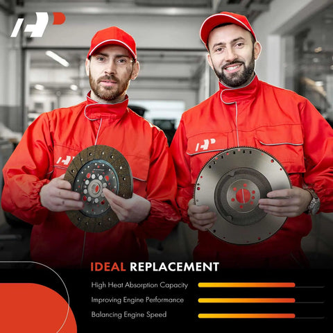 Two mechanics in red uniforms holding High Grade Dual Mass Flywheel Fits Audi A4 A5 Q5 2008 2017 for engine performance.