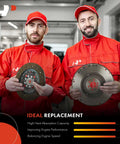 Two mechanics in red uniforms holding Stock Replacement Dual Mass Flywheel For Volkswagen Jetta Beetle 2005 Through 2007 1.9L Diesel Engine Auto Gearbox.