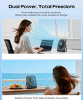 Woman using Portable Desk Fan With 4000mAh Battery, USB Rechargeable Cordless Personal Cooling, Quiet 4 Speed, indoors and outdoors.
