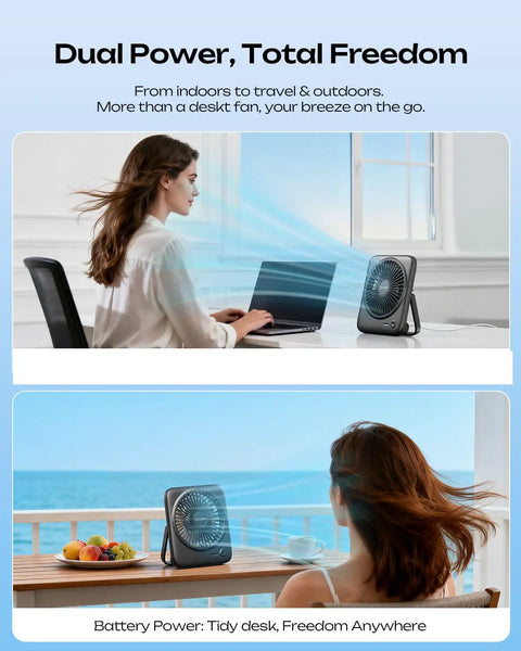 Woman using Portable Desk Fan With 4000mAh Battery, USB Rechargeable Cordless Personal Cooling, Quiet 4 Speed, indoors and outdoors.