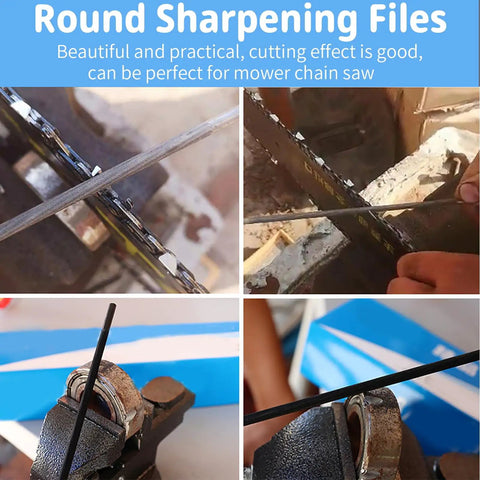 Five Thirty Second Inch Chainsaw File Set With Guide Pro grade round chain sharpening workhorse in use close-up views