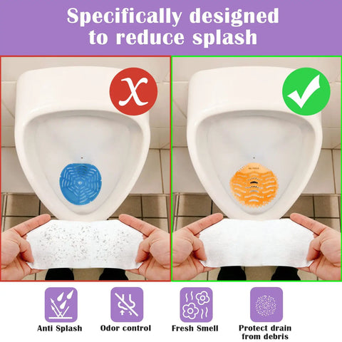 Demonstration of Urinal Screens Deodorizer Set Of 10 With Orange And Lavender Fresh Scents reducing splash and blocking debris.
