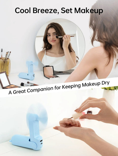 Blue Power Bank Handheld Fan With 4500mAh Battery Folding Personal Fan, woman applying makeup, fan on table, USB charging port