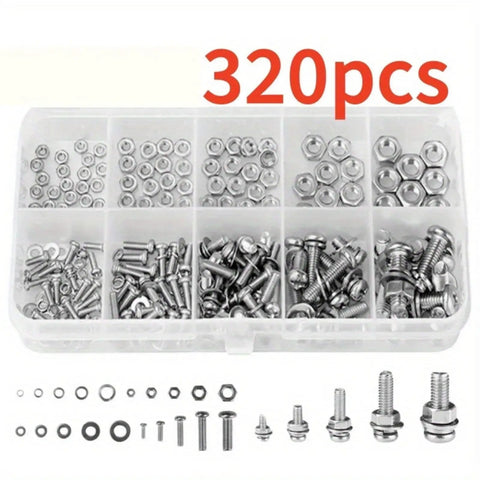 320 Piece Metric Alloy Nut And Bolt Assortment Kit With M2 Through M5 Pan Head Screws, Nuts, Washers in Storage Box