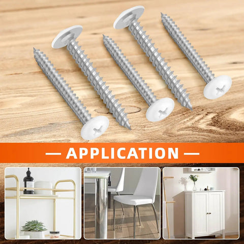 Tough As Nails Number 8 X One Half Inch Truss Head Self Tapping Wood Screws White Carbon Steel Fasteners on wood surface, ideal for DIY projects.