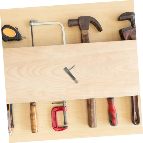 Heavy Duty Retractable Indexing Plunger Pin With L Handle Stainless Steel Spring Lock Pin on a woodwork bench with tools.