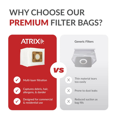 Comparison of Atrix multi-layer filtration HEPA filter bag vs generic filter highlighting durability and performance.