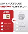 Comparison between Atrix premium filter bags and generic filters, highlighting features of Replacement HEPA Filters For Backpack Vacuum ERGO Models Ten Pack White Atrix Compatible Fits VACBP1 VACBP36V VACBPAI Easy Snap In Filtration For Clean Air And Strong Suction For Home DIY Cleanup.