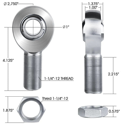 Heavy Duty 1.25 Inch Chromoly Rod End Heim Joint Kit With Right And Left Hand Threads Heat Treated Bearings dimensions and details.
