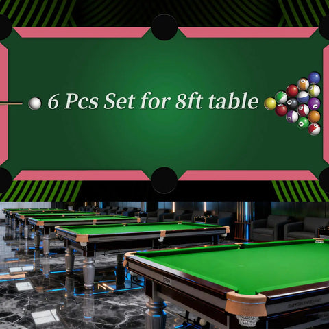 8 Foot Pool Table Bumper Replacement Kit Set Of 6 with green and pink table design, billiard balls, and club setting.