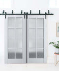 Premium Bypass Barn Sliding Doors Set With Frosted Glass And Solid Wood Panels, 72 By 96 Inches, white finish in classic style