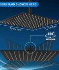 Epic High Pressure Rain Shower Head 10 Inch Black Made From 304 Stainless Steel With Air In Technology Delivers Boss Flow And Relaxing Massage Even At Low Water Pressure shown with 360-degree rotation display on blue background.