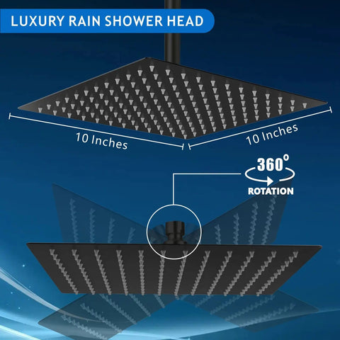 Epic High Pressure Rain Shower Head 10 Inch Black Made From 304 Stainless Steel With Air In Technology Delivers Boss Flow And Relaxing Massage Even At Low Water Pressure shown with 360-degree rotation display on blue background.