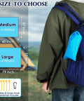 Person with backpack holding Sandproof Waterproof Pocket Picnic Blanket With Corner Pockets And Stakes, size options shown